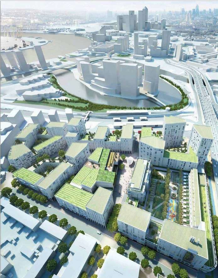 Aerial CGI of the Canning Town regeneration masterplan beside the River Lea