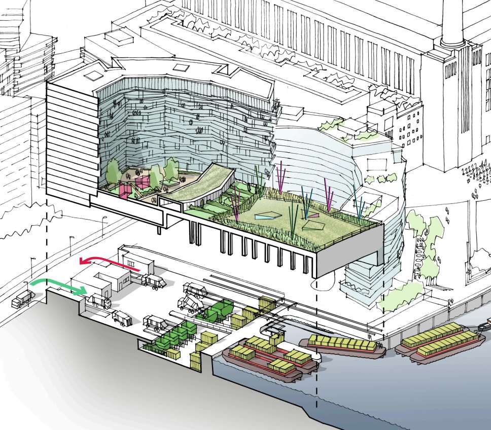 Cutaway illustration of the Cringle Dock Waste Transfer Station facility and river barges
