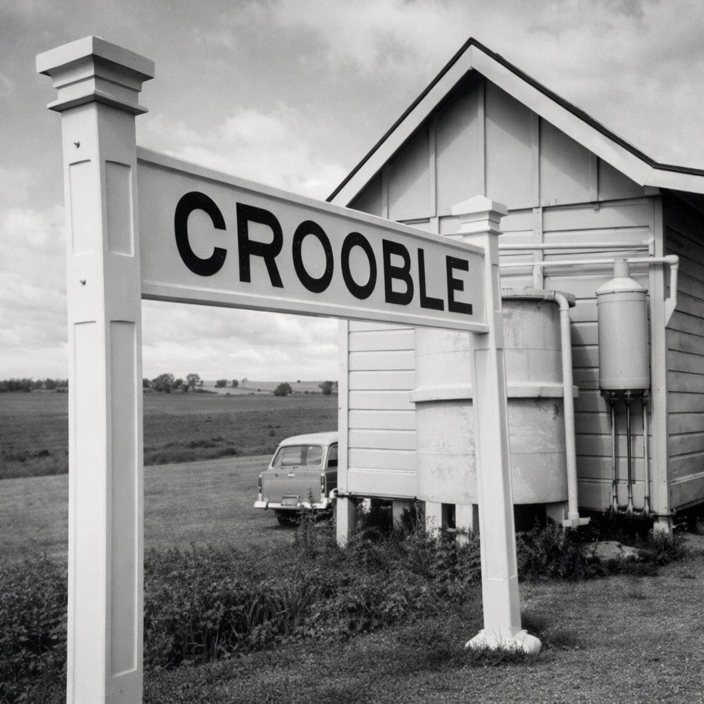 The CROOBLE sign on the rail siding, with the weatherboard station building and its water tanks behind, rural New South Wales