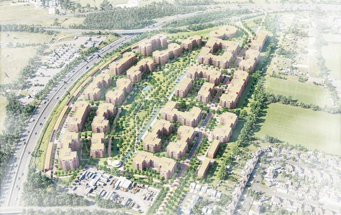 Aerial CGI masterplan of the Hook Park development set within surrounding parkland