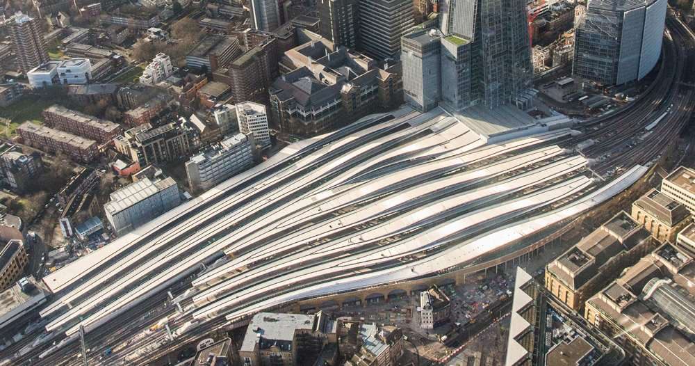 Aerial view of London Bridge Station's wave-form roof