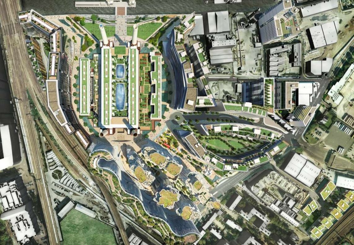Top-down masterplan render of the full Battersea Power Station estate between the railway lines and the Thames