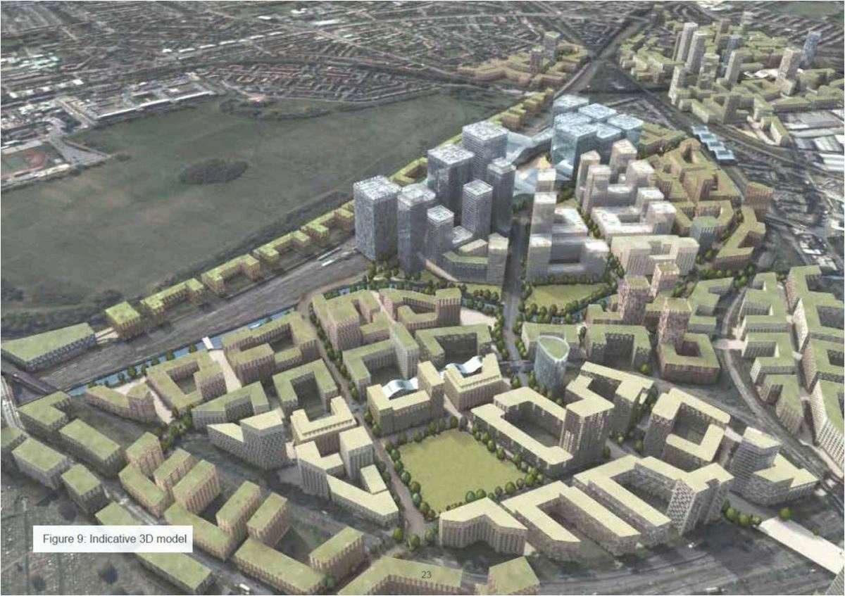 Aerial CGI masterplan of the Old Oak & Park Royal Development Corporation regeneration area