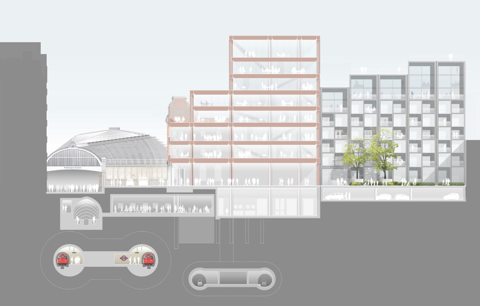 Elevation and cross-section of the Paddington Sorting Office redevelopment beside Paddington Station