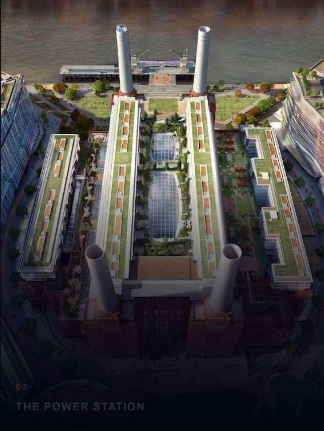 Aerial CGI of the Battersea Power Station roof gardens between the four chimneys