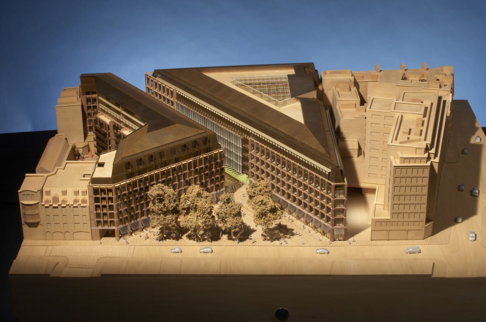 Architectural model of the Rathbone Place redevelopment, showing the diagonal glazed roof and central courtyard