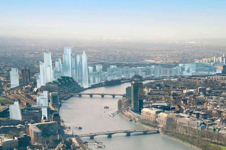 Aerial CGI of proposed towers across the Vauxhall Nine Elms Battersea Opportunity Area along the Thames
